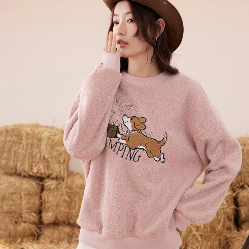 Pull en matière Pilou Pilou de couleur rose avec motif amusant