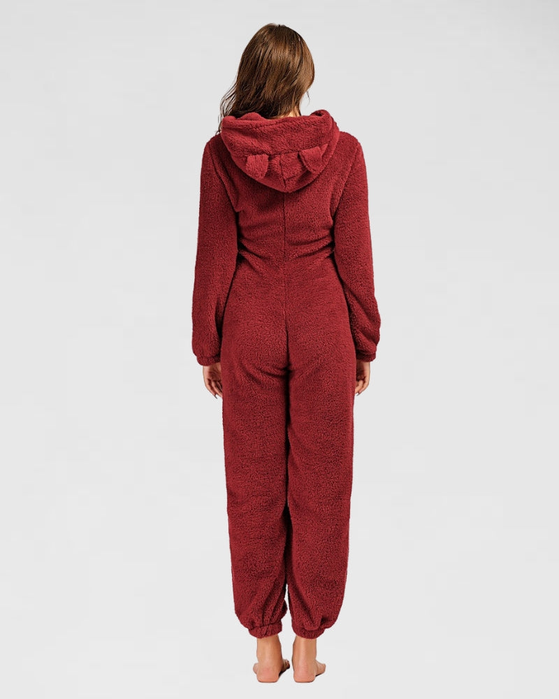 Combinaison pyjama pilou à capuche rouge femme