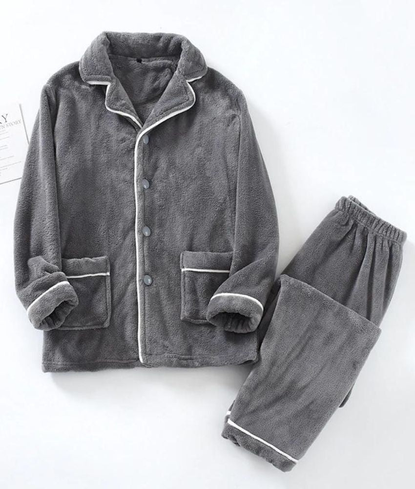 Pyjama Homme Hiver Aseniza - Ensemble 2 Pièces Coton-élasthanne, Col V, Confort Douillet Pour Nuits Froides